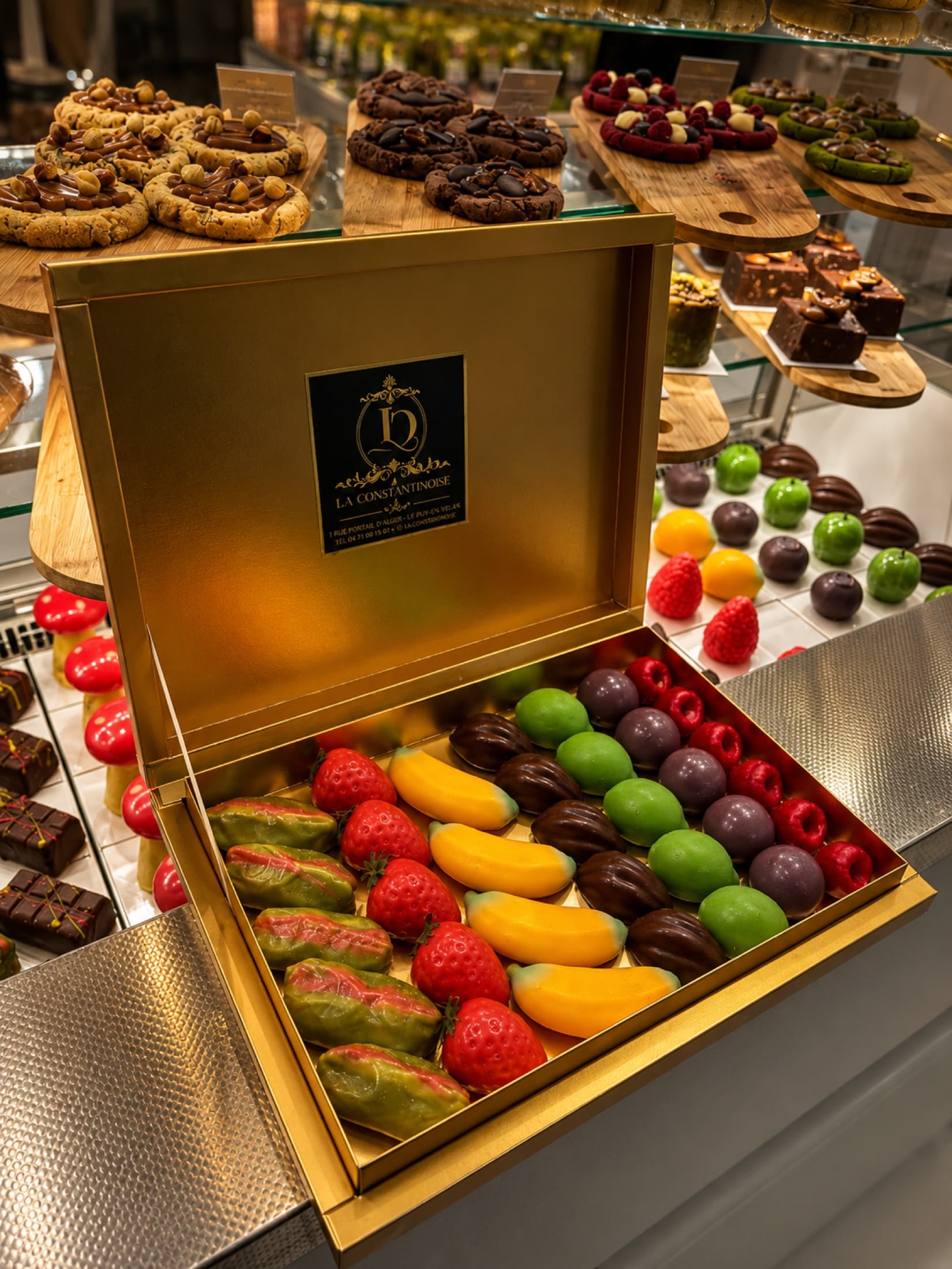 Coffret doré de pâtisseries trompe-l'oeil